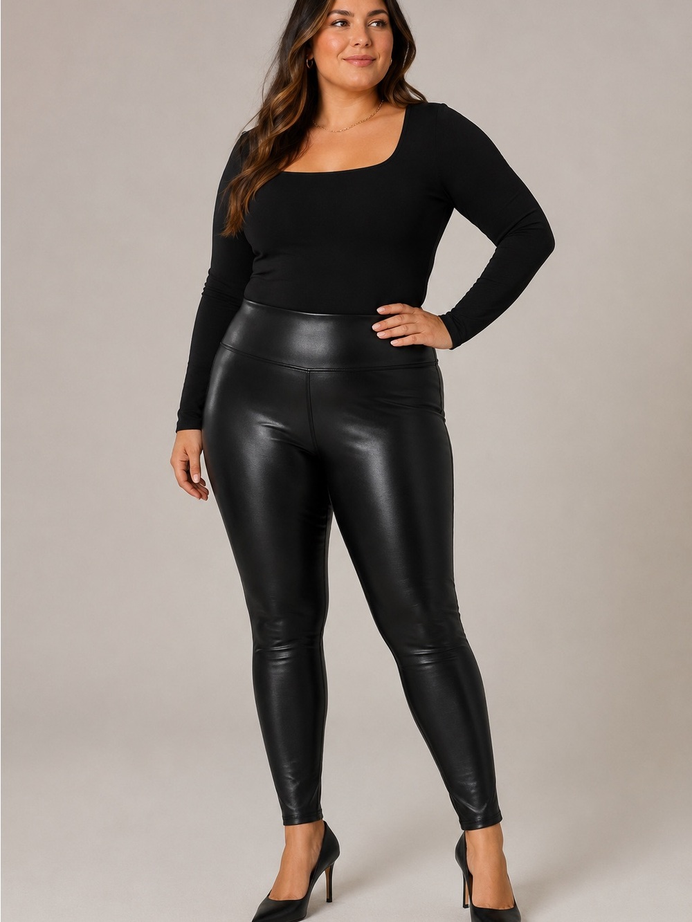 SPANX Faux Leather Leggings Size Large Petite Black Shaping